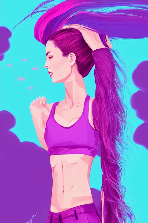 Prompt: a award winning half body porttrait of a beautiful woman in a croptop and cargo pants with ombre purple pink teal hairstyle with head in motion and hair flying, outrun, vaporware, shaded flat illustration, digital art, trending on artstation, highly detailed, fine detail, intricate