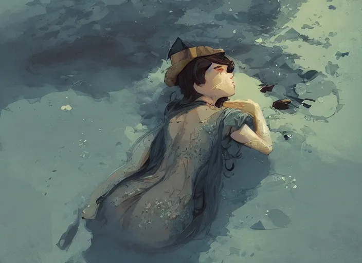 Prompt: a little witch sleeping at the sea art by craig mullins, james gilleard, by joe fenton, by greg rutkowski, by greg tocchini, by kaethe butcher, 4 k resolution, gradient yellow, black, brown and cyan color scheme, grunge aesthetic!!!