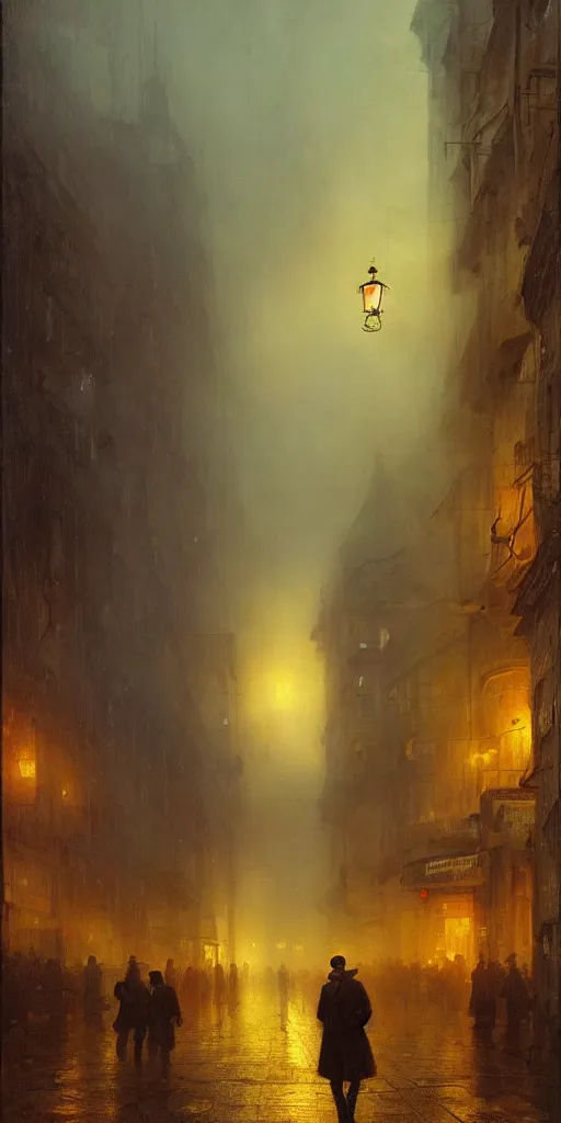 Image similar to a street of a city in 1 9 4 0 with yellow light on from the windows during the night, a men stand up under a light, mystical red fog, oil on canvas, art by andreas achenbach, clemens ascher, tom bagshaw and sabbas apterus,