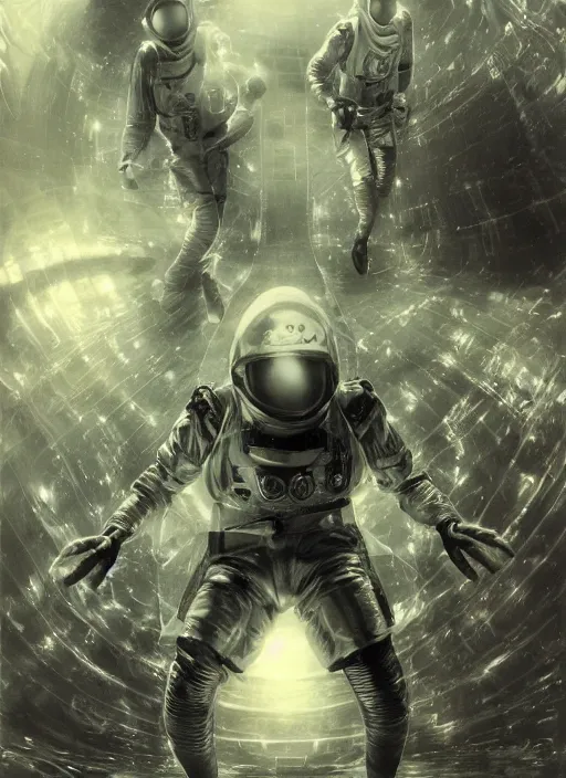 Image similar to astronauts in dark and empty void underwater - complex and hyperdetailed technical suit. reflection and dispersion materials. rays and dispersion of light. volumetric light. 5 0 mm, f / 3 2. noise film photo. flash photography. ultra realistic, wide angle. poster by wayne barlowe, hajime sorayama aaron horkey, craig mullins