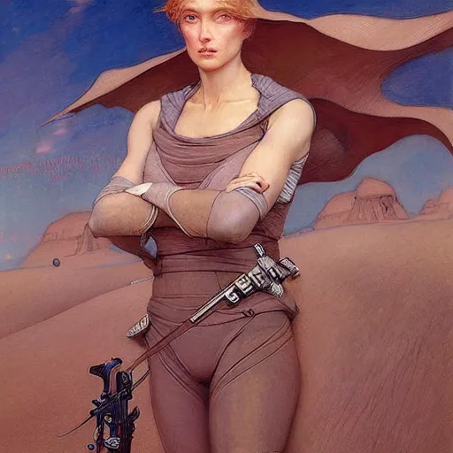 Image similar to beautiful female Fremen on Dune, by Edgar Maxence and Ross Tran and Michael Whelan and Gustav Klimpt