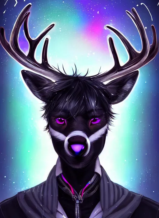 Image similar to award winning beautiful portrait commission of a male furry anthro Black Reindeer cyberpunk fursona with a tail, wings, wings, wings and a cute beautiful attractive detailed furry face wearing a crown, stylish black and rainbow galaxy clothes, outline, in a cyberpunk city at night while it rains. Character design by charlie bowater, ross tran, artgerm, and makoto shinkai, detailed, inked, western comic book art