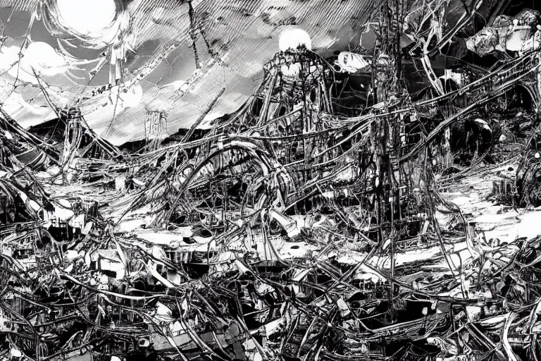 Prompt: no man's land, remnants of the human civilization, post-apocalyspe, by Tsutomu Nihei