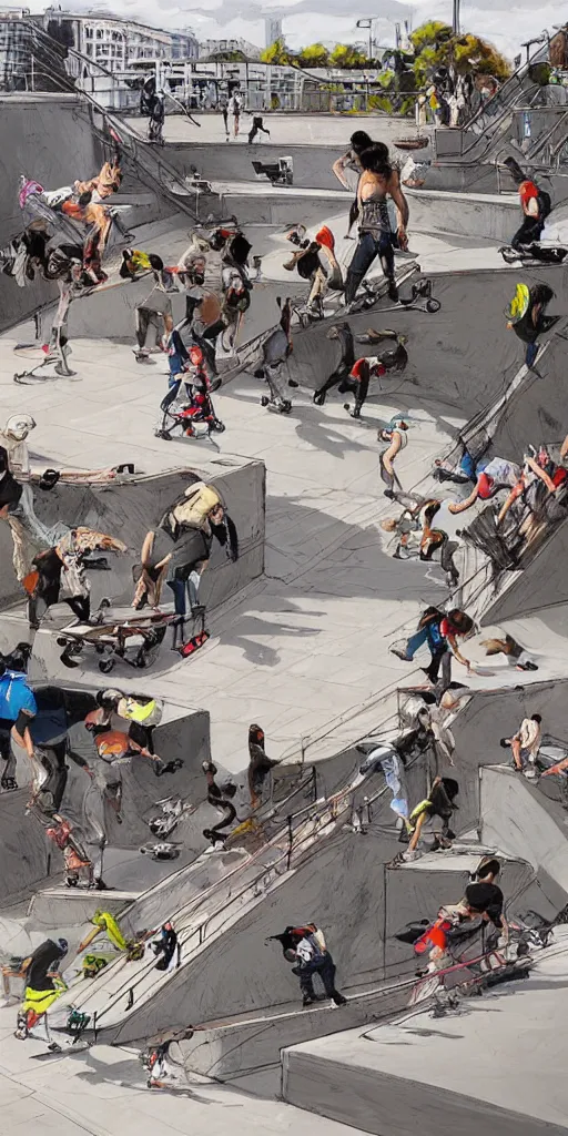 Image similar to oil painting scene skatepark with skaters and ramp by kim jung gi