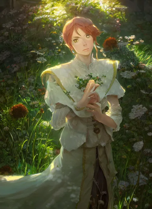 Prompt: a portrait of the emerald herald in the garden, intricate, tone mapped, ambient lighting, highly detailed, digital painting, concept art, sharp focus, by makoto shinkai and akihiko yoshida and hidari and wlop