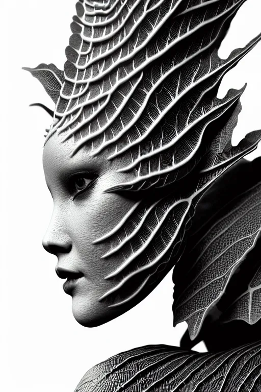 Image similar to monochrome close - up profile face, black background, beautiful young porcelain vegetal - dragon - cyborg - female, 1 5 0 mm, beautiful natural soft rim light, silver gold details, magnolia leaves and stems, roots, mandelbot fractal, elegant, hyper real, ultra detailed, white metallic armour, octane render, 1 6 k