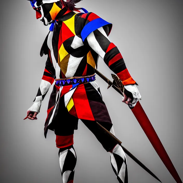 Image similar to full body photo of a real - life beautiful harlequin warrior, 8 k, hdr, smooth, sharp focus, high resolution, award - winning photo