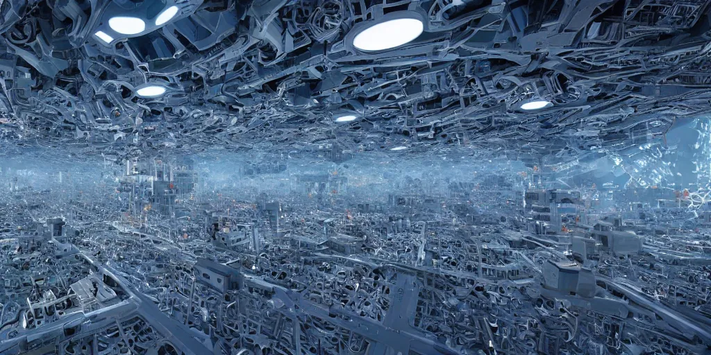 Image similar to organic generative design megastructures housing millions of robots in the style of ready player one