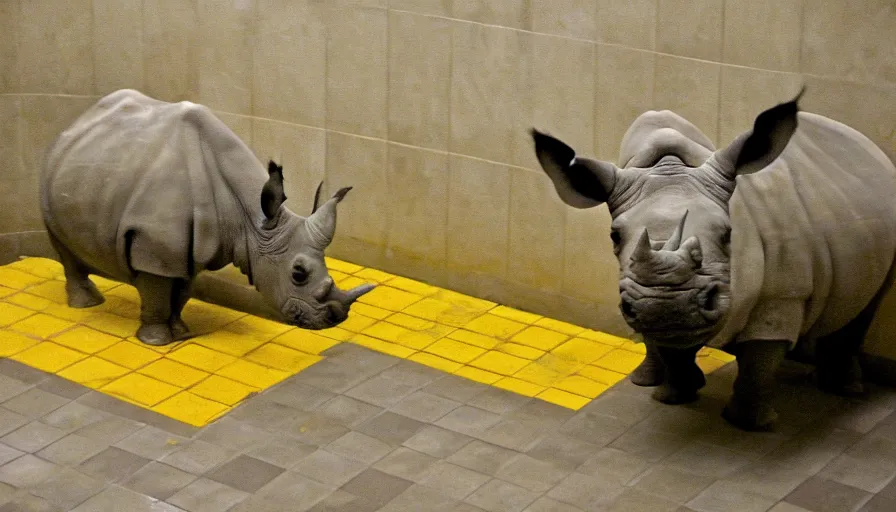 Image similar to a rhinoceros in a public bathroom with yellow tiles floor, by mini dv camera, very very low quality, heavy grain, heavy jpeg artifact blurry, caught on trail cam