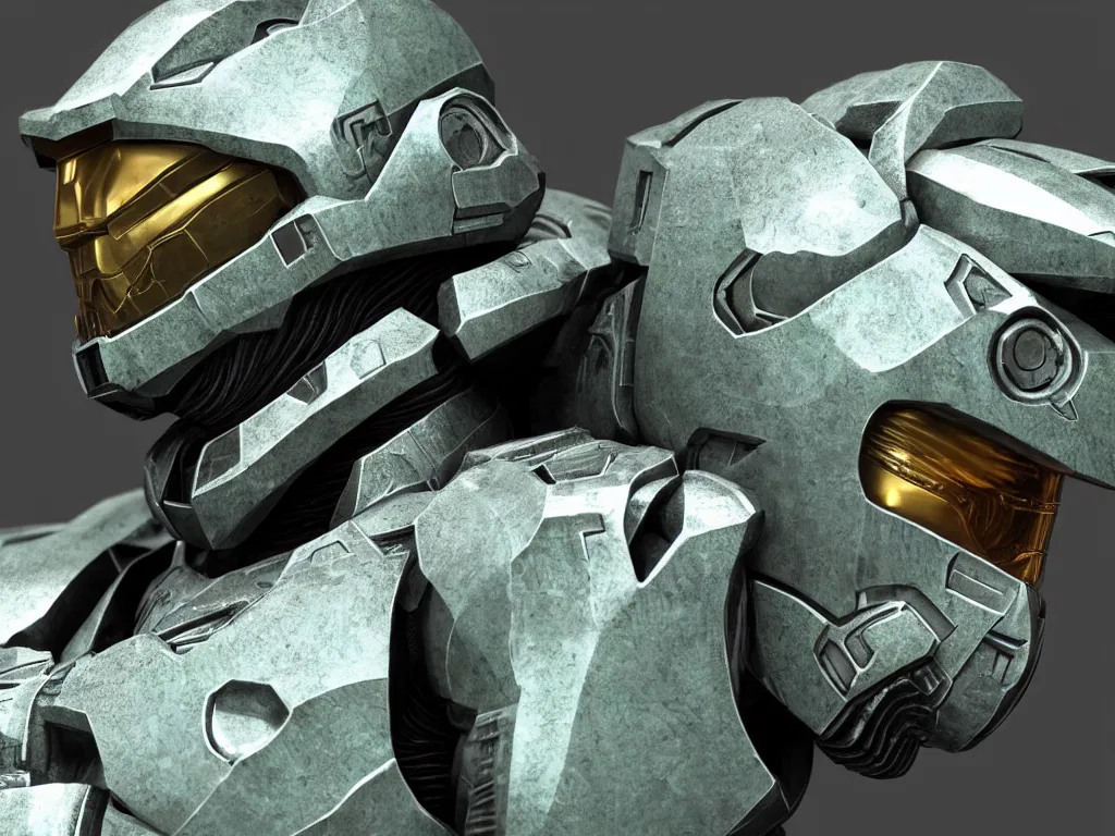 Image similar to master chief bust shot, studio photo, 3 d render, unreal engine, stunning scene, hdr, dynamic lighting, chrome, metallic, shiny, reflective, 8 k