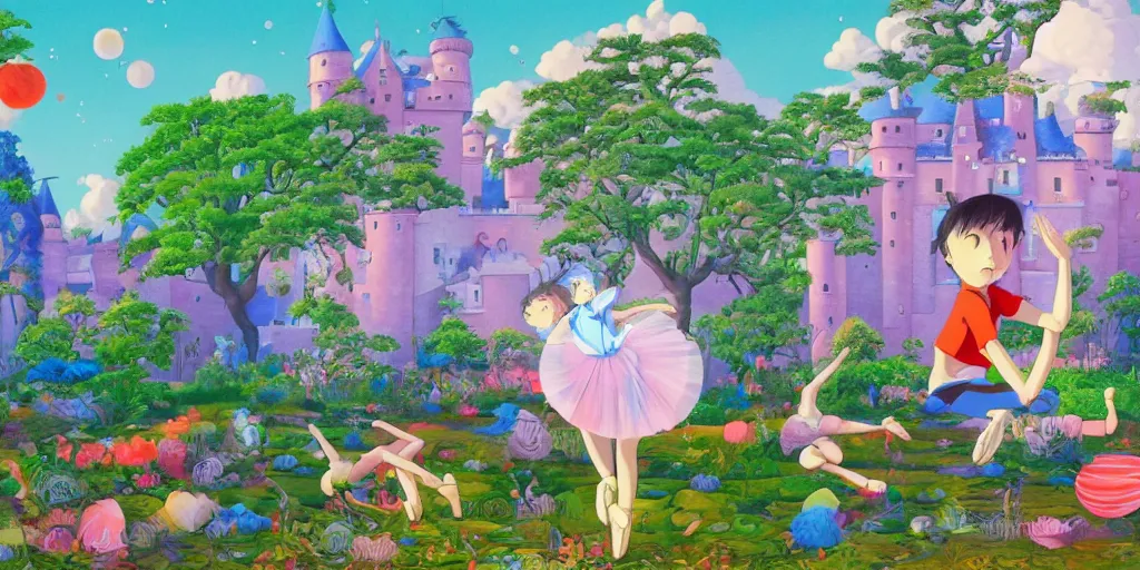 Prompt: a young boy practicing ballet in the backyard of a castle, illustration, digital art, flat painting, vivid colors, flat colors, cinematic, surreal, wide angle, made by chiho aoshima, inspired by studio ghibli, trending on artstation, detailed