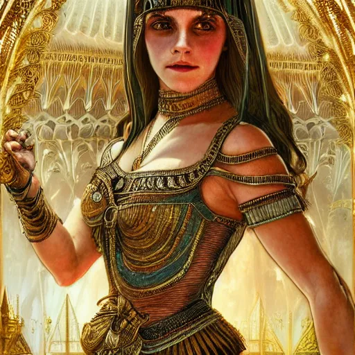 Image similar to Emma Watson as Cleopatra, cute, fantasy, intricate, elegant, highly detailed, digital painting, 4k, HDR, concept art, smooth, sharp focus, illustration, art by artgerm and H R Giger and alphonse mucha