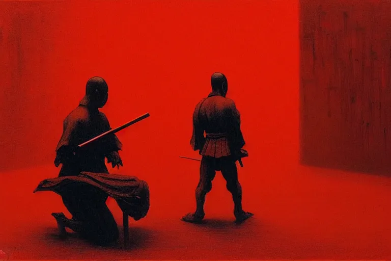 Image similar to only with red, a red samurai do seppuku, tokio, a lot of frogs watch, in the style of beksinski, parts by edward hopper, parts by rodcenko, parts by yue minjun, intricate and epic composition, red by caravaggio, insanely quality, highly detailed, masterpiece, red light, artstation, 4 k