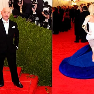 Prompt: a photograph of Miley Cyrus standing next to Patrick Stewart at the Met Gala