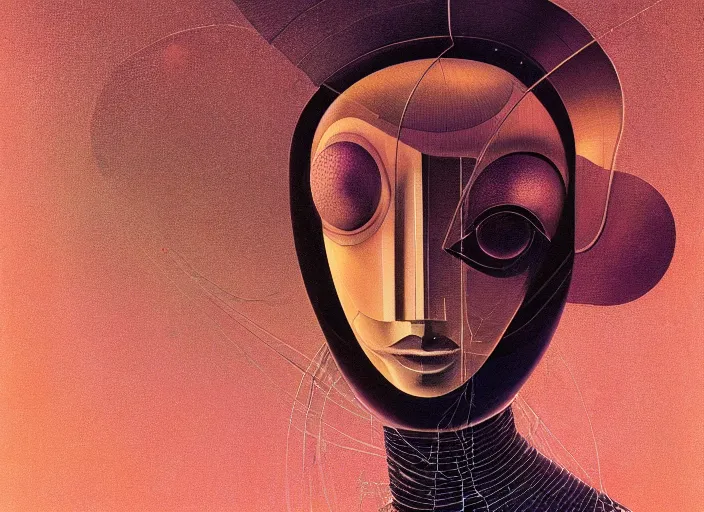 Image similar to a portrait headshot of sci fi metallic human, bright eyes, melancholic complex geometric figure liminal machinery by oskar schlemmer, moebius, john berkey, teamlab, oil on canvas, portrait facial head, featured on artstation, hd wallpaper