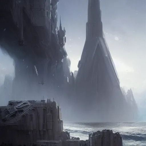 Image similar to star wars concept art by greg rutkowski, a palatial and imposing grey wide tower emerging from the sea in the middle of a ocean landscape, enigmatic atmosphere, beautiful and cinematic lighting, artstation hq.