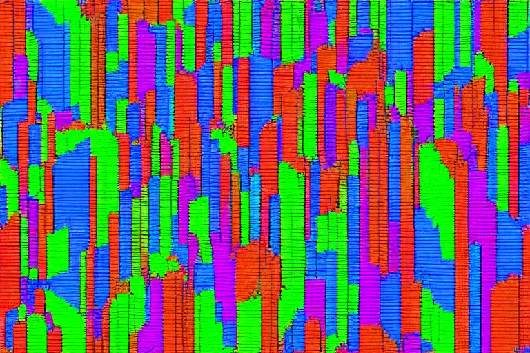 Image similar to wall made of thousands of vertical rectangles, different colors, perlin noise pattern, front elevation, backlight