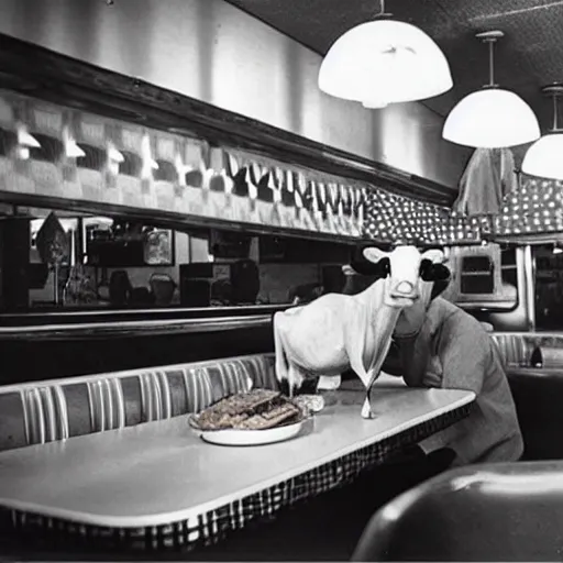 Image similar to photo of a cow eating a hamburger in a 1950's diner.