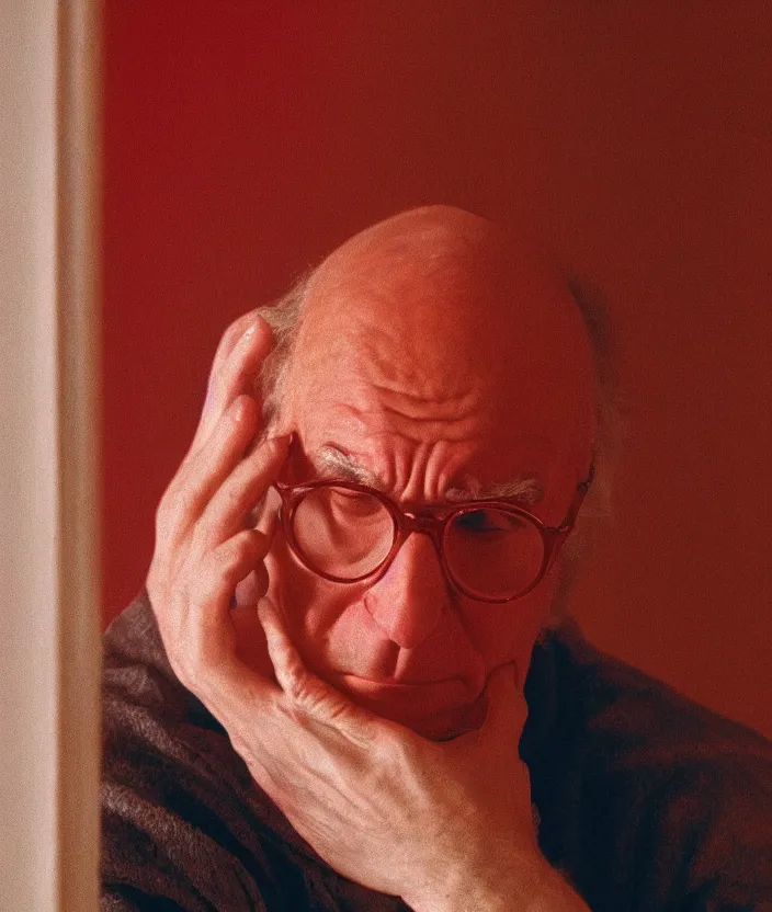 Prompt: a portrait of larry david crying, very aesthetic, cinematic and dramatic red light, in the style of edward hopper 4 k,