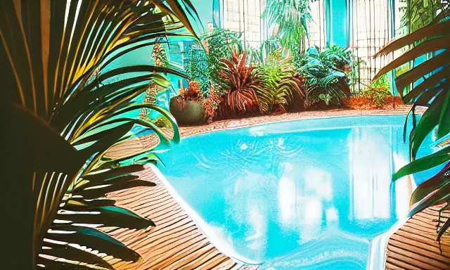 Image similar to indoor pool with ferns and palm trees, pool tubes, chromatic abberation, dramatic lighting, depth of field, 80s photo