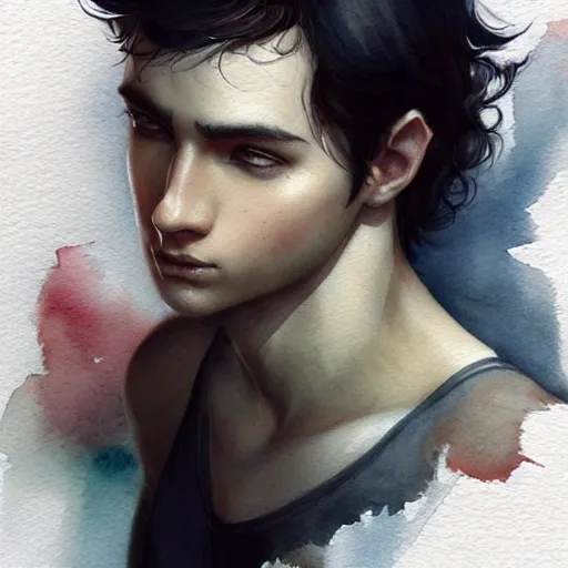 Prompt: young boy, black hair, light muscles, gorgeous, amazing, delicate, elegant, intricate, highly detailed, watercolor, portrait, artstation, concept art, sharp focus, illustration, art by charlie bowater and Ross tran