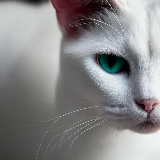 Image similar to A photograph of a white cat looking at camera, with black fur around her eyes, sticking tongue out, warm lighting, 4k, 8k, hd