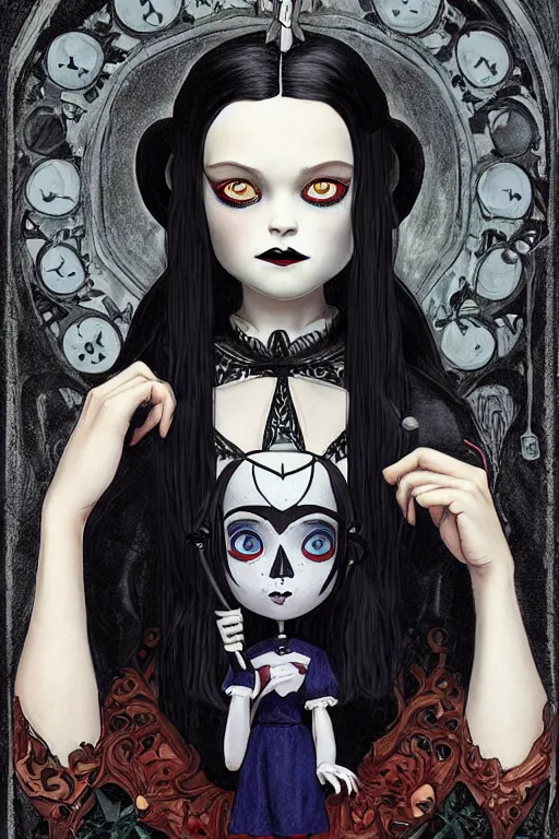 Image similar to beautiful cottagecore Wednesday Addams holding a Coraline doll, Black Hair, Goth, gothic, castlevania, intricate, elegant, highly detailed, digital painting, artstation, concept art, smooth, sharp, focus, illustration, art by artgerm and greg rutkowski and alphonse mucha