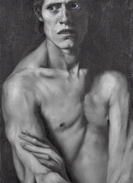 Image similar to portrait painting of young willem dafoe, renaissance oil painting, studious chiaroscuro