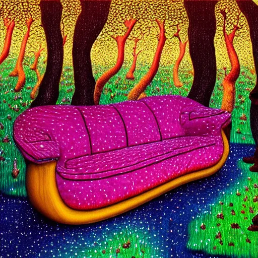 Image similar to psychedelic couch sofa in the pine forest, guitar, milky way, designed by moebius, rob gonsalves, gustav dore, giuseppe arcimboldo and carl barks, louis wain, trending on artstation, canada, star, sharp focus, colorful refracted sparkles and lines, soft light, 8 k 4 k