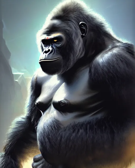 Image similar to winston the gorilla in his armor from overwatch, character portrait, portrait, close up, concept art, intricate details, highly detailed by greg rutkowski, michael whelan and gustave dore