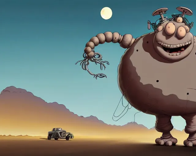 Image similar to a cell shaded cartoon giant grey lovecraftian mechanized fred flintstone from howl's moving castle ( 2 0 0 4 ), with a big head, on a desert road, wide shot, in front of a big moon, muted colors, post grunge, josan gonzales, wlop, by james jean, victor ngai, hq, deviantart, art by artgem