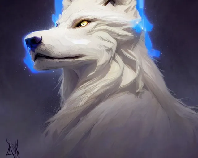 Prompt: albino wolf with blue eyes, deep focus, d & d, fantasy, intricate, elegant, highly detailed, digital painting, artstation, concept art, matte, sharp focus, illustration, hearthstone, art by artgerm and greg rutkowski and alphonse mucha