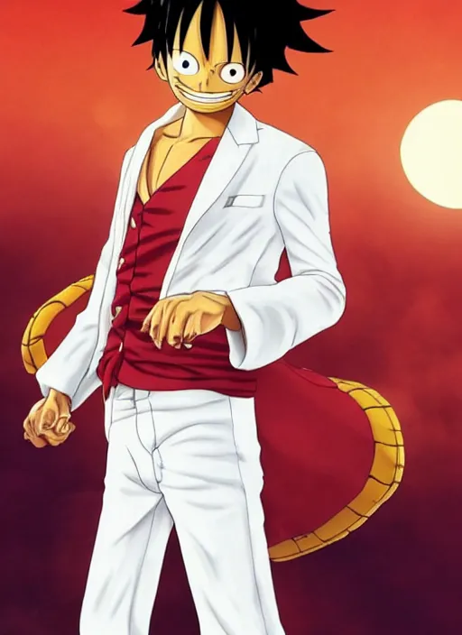 Prompt: a real life image of luffy wearing a white suit, Golden Hour Effect, trending on ArtStation