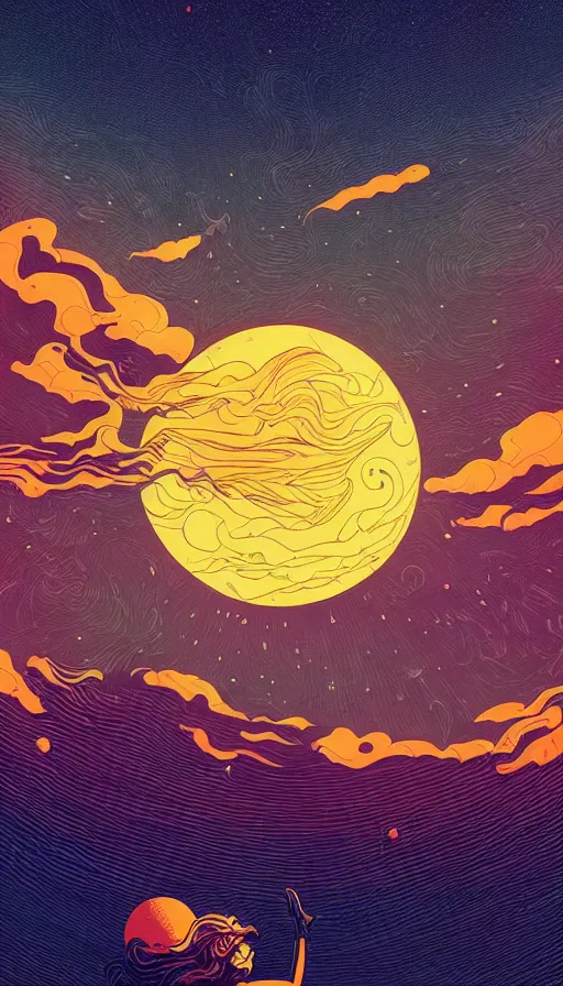 Prompt: harvest moon floating on cosmic maelstrom sunset sky, futurism, dan mumford, victo ngai, kilian eng, da vinci, josan gonzalez