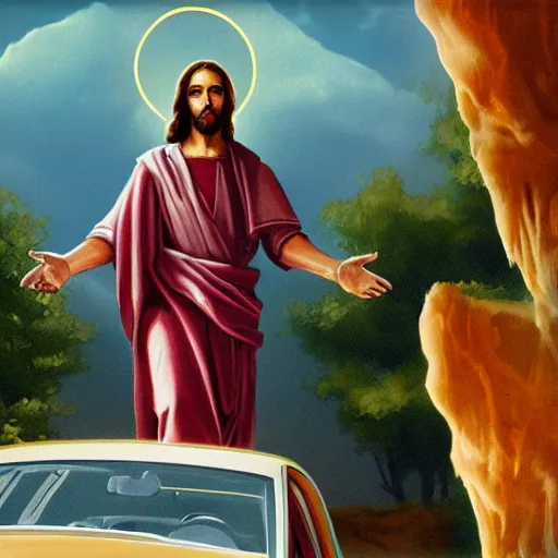 Image similar to A long shot photograph of Jesus driving a car, 4k, ultra HD