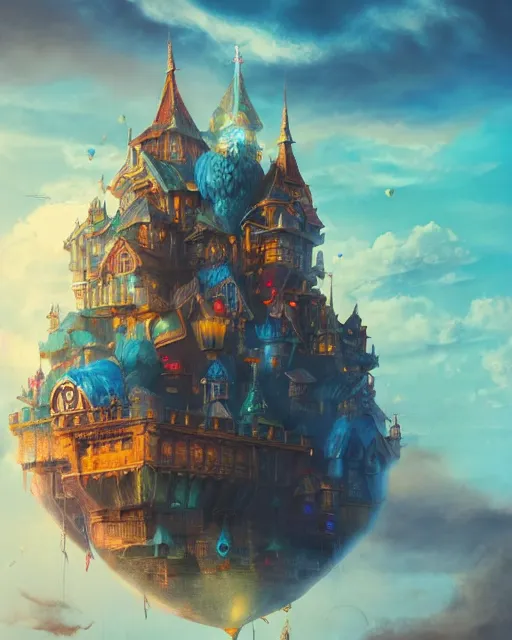 Image similar to flying cloud castle, buildings, baloons, atmosphere, glow, detailed, full of colour, cinematic lighting, trending on artstation, 4 k, hyperrealistic, extreme details, bright, blue sky, cloudy, fantasy, masterpiece, art by wylie beckert