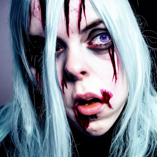 Image similar to Adult Billie Eilish as a demon in heaven, blood flowing from eyes, grungy, unkept hair, glowing eyes, modelsociety, radiant skin, huge anime eyes, RTX on, bright on black, dramatic, studio lighting, perfect face, intricate, Sony a7R IV, symmetric balance, polarizing filter, Photolab, Lightroom, 4K, Dolby Vision, Photography Award