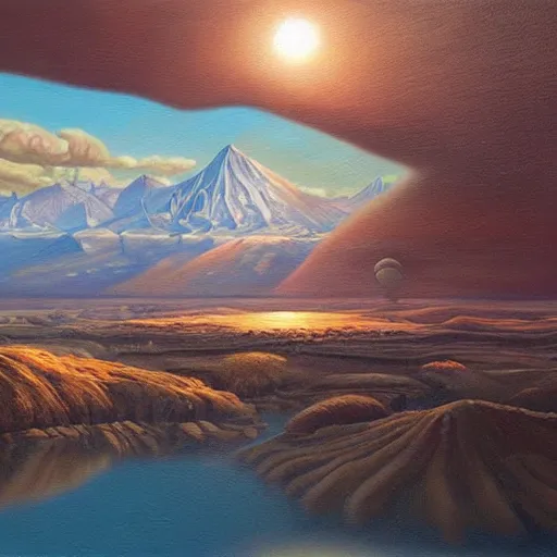 Image similar to hyperrealistic oil painting of alien and surreal landscapes