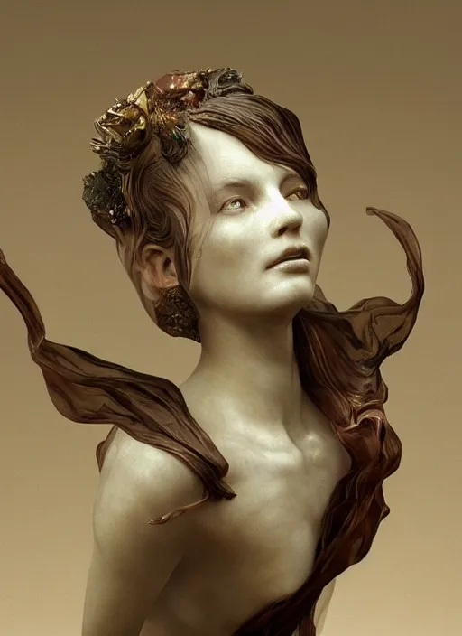 Image similar to marble sculpture of beautiful woman, flowing fabric by ruan jia, greg rutkowski, mucha, zbrush, mandelbulb ivory