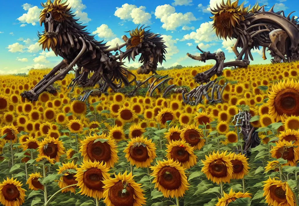 Image similar to giant animal bones in the countryside with sunflowers in the background, dramatic lighting, intricate oil painting, high detail illustration, sharp high detail, manga and anime 1 9 9 9, official fanart behance hd artstation by jesper ejsing and makoto shinkai, 4 k,