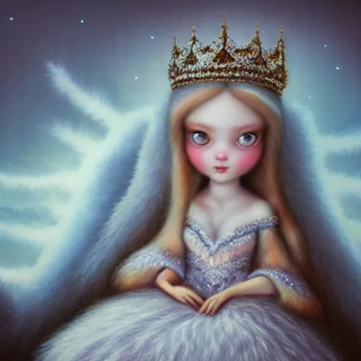 Image similar to highly detailed closeup portrait of a snow, ice princess, she is wearing a crown, she is sitting on a throne surrounded by fluffy bears, nicoletta ceccoli, mark ryden, lostfish, earl nore, global illumination, god rays, detailed and intricate environment
