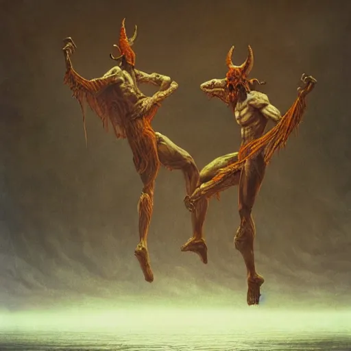 Image similar to two demons dance ballet in hell, beksinski, dariusz zawadzki, very coherent symmetrical artwork. cinematic, hyper realism, high detail, octane render, 8 k