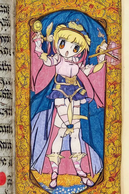 Image similar to magical girl anime madoka magika depicted in a medieval illuminated manuscript bible