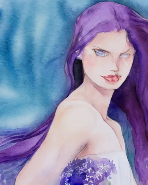 Prompt: watercolor picture of a beautiful young woman in white dress, looking back at the camera, blue eyes, purple hair, high key, watercolor