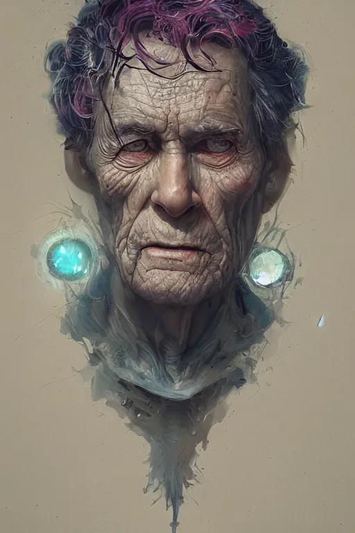Prompt: the look of an elderly person full of wrinkles and imperfections by artgem and greg rutkowski, highly detailed, vivid colors, trippy, nebula, trending on artstation