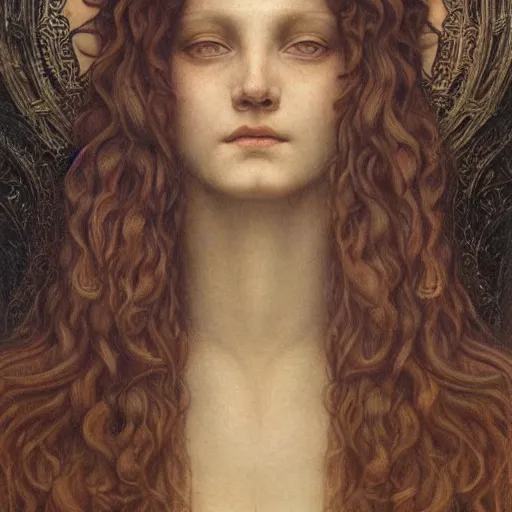 Prompt: detailed realistic beautiful young medieval queen face portrait by jean delville and marco mazzoni, art nouveau, symbolist, visionary, gothic, pre - raphaelite