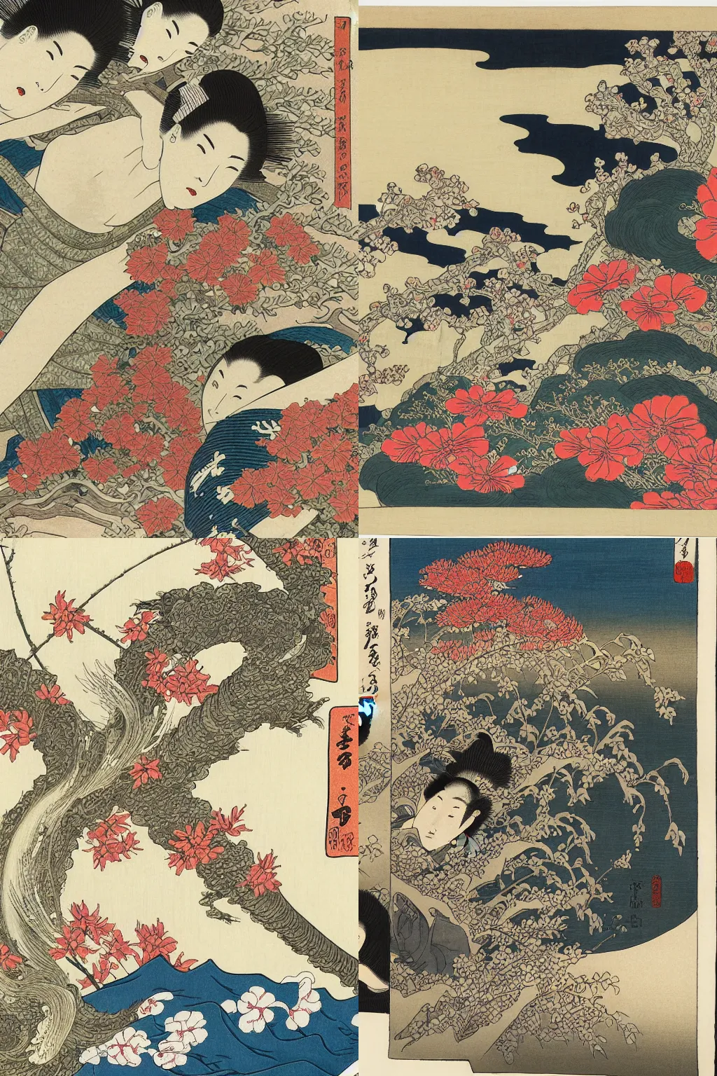Prompt: an astounding ukiyoe drawing of a poetic scene with flowers by katsushika hokusai and utagawa hiroshige, masterpiece, hyperdetailed!!!, intricate, complex, closeup, 4 k