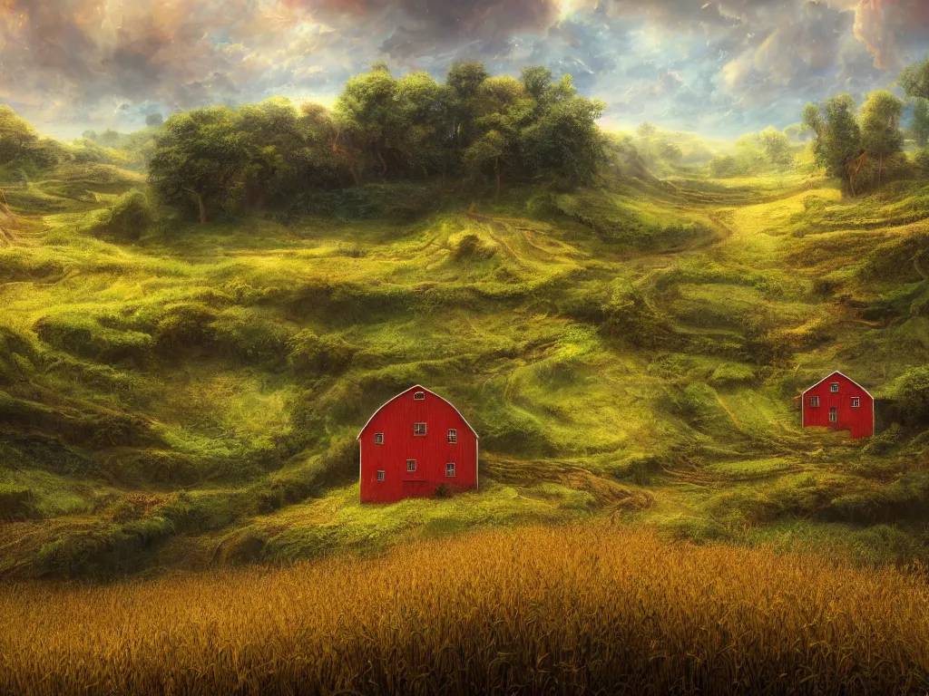 Image similar to Intricate detailed lush ravine with a single isolated red barn next to a wheat crop at noon. Wide angle shot, surreal, dreamlike, Artstation, Thomas Chamberlain-Keen