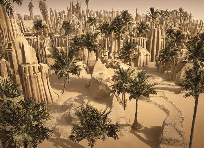 Image similar to cover concept art of the lost sand city, levitating rock piles, golden towers, golden pillars, palm trees, space and time, floating objects, post-processing, in the style of Hugh Ferriss, Behance, Artgerm. High detail, ultra realistic render, octane, 3D, photorealism, symmetric, cinematic