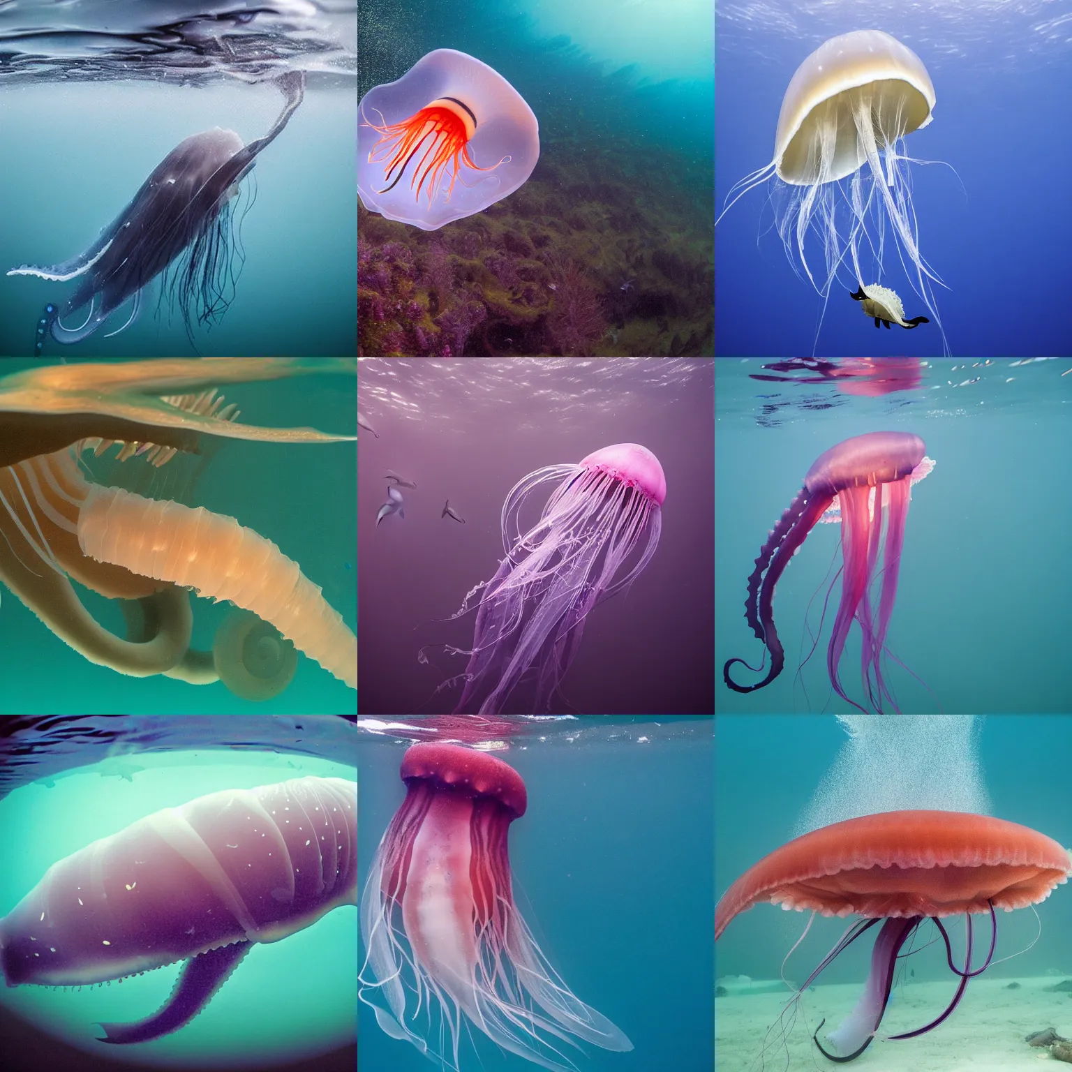 Prompt: a jellyfish-whale-squid, wildlife photography